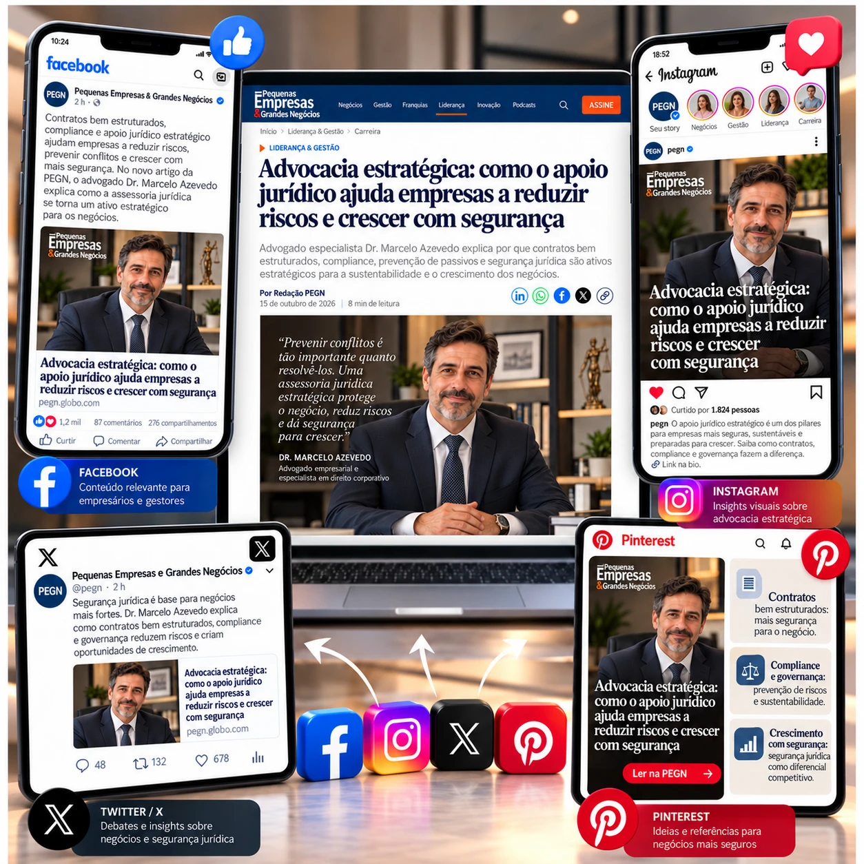 Exemplo ilustrativo de divulgação de um artigo jurídico no Facebook, Instagram, X e Pinterest